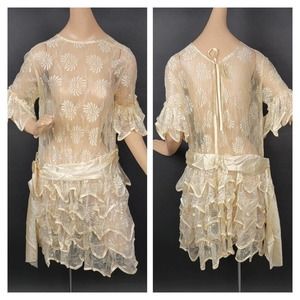 1920s Dress Cream Floral Lace Silk Bow Ruffles Flapper Bridal Wedding Antique